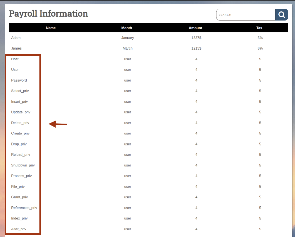 User table columns