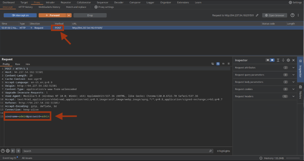 Burp intercepting login POST
