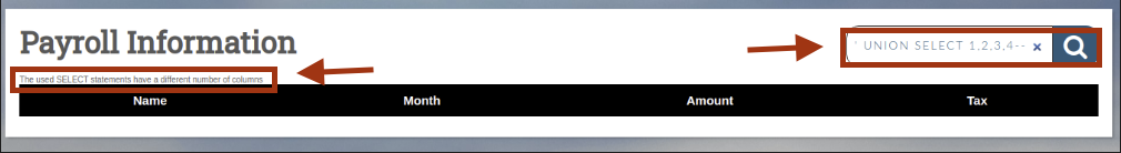 Error from union injection